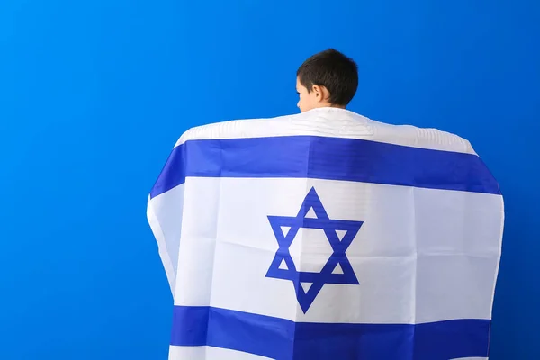 Kleine Jongen Met Vlag Van Israël Kleur Achtergrond — Stockfoto