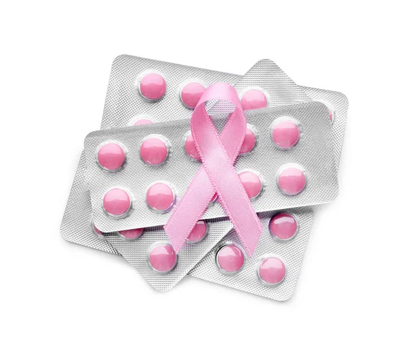 Cinta Rosa Pastillas Sobre Fondo Claro Concepto Conciencia Sobre Cáncer — Foto de Stock