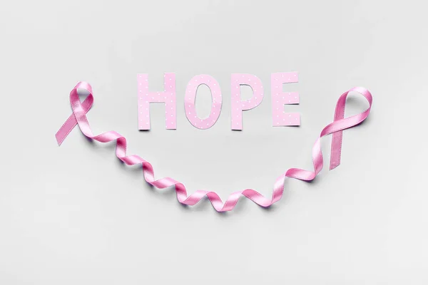 Pink Ribbon Word Hope Light Background Breast Cancer Awareness Concept — Stock Photo, Image