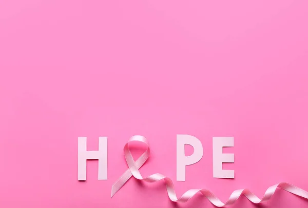 Pink Ribbon Word Hope Color Background Breast Cancer Awareness Concept — Stock Photo, Image