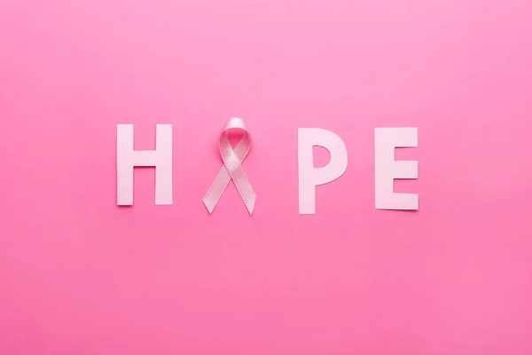 Word Hope Pink Ribbon Color Background Breast Cancer Awareness Concept — Stock Photo, Image