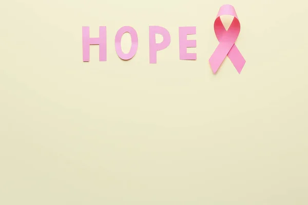 Pink Ribbon Word Hope Color Background Breast Cancer Awareness Concept — Stock Photo, Image