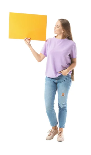 Hermosa Joven Con Cartel Blanco Sobre Fondo Blanco — Foto de Stock