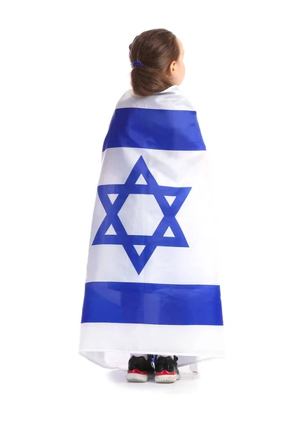 Liten Flicka Med Flagga Israel Vit Bakgrund — Stockfoto