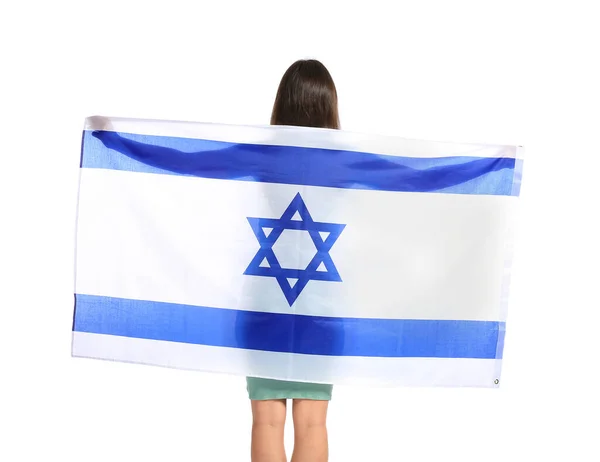 Mujer Joven Con Bandera Israel Sobre Fondo Blanco — Foto de Stock