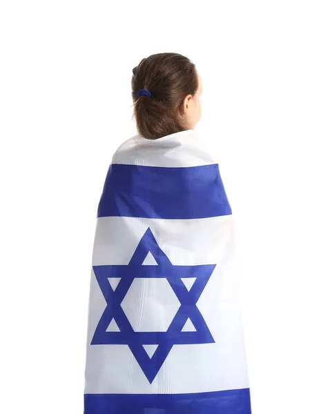 Liten Flicka Med Flagga Israel Vit Bakgrund — Stockfoto