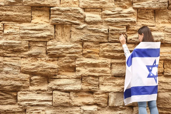 Woman Flag Israel Wailing Wall — Stock Photo, Image