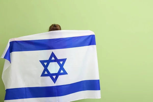 Klein Meisje Met Vlag Van Israël Kleur Achtergrond — Stockfoto