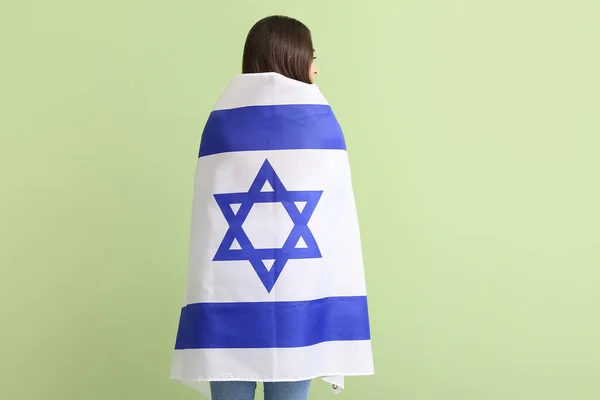 Ung Kvinna Med Flagga Israel Färg Bakgrund — Stockfoto