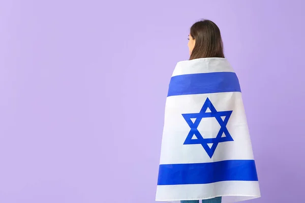 Jonge Vrouw Met Vlag Van Israël Kleur Achtergrond — Stockfoto