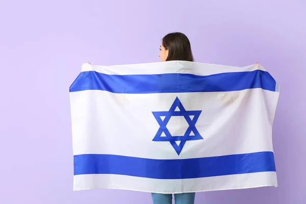 Ung Kvinna Med Flagga Israel Färg Bakgrund — Stockfoto