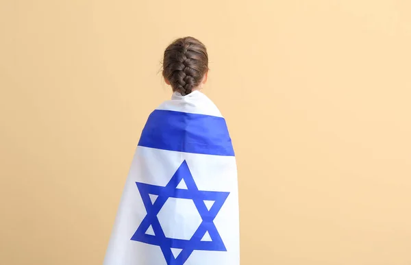 Liten Flicka Med Flagga Israel Färg Bakgrund — Stockfoto