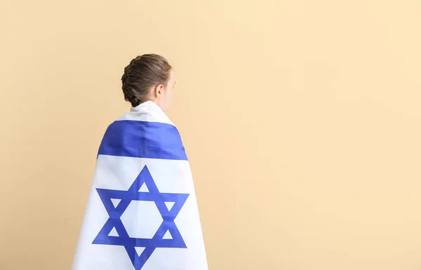 Liten Flicka Med Flagga Israel Färg Bakgrund — Stockfoto