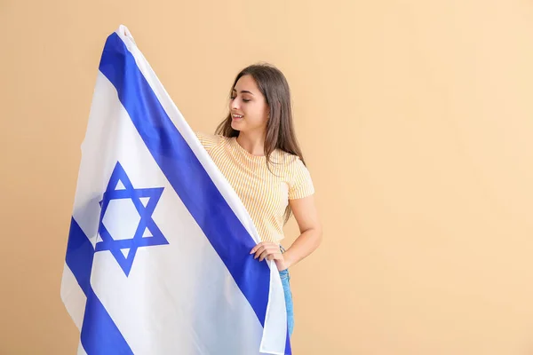 Mujer Joven Con Bandera Israel Sobre Fondo Color — Foto de Stock