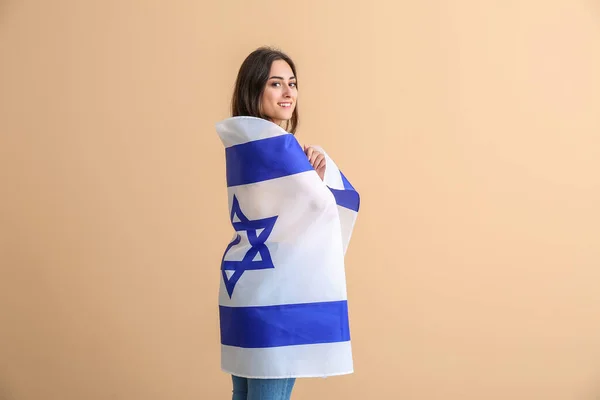 Mujer Joven Con Bandera Israel Sobre Fondo Color —  Fotos de Stock