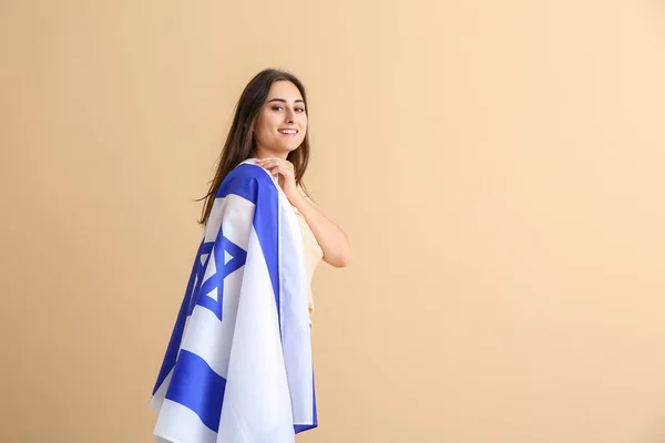 Mujer Joven Con Bandera Israel Sobre Fondo Color — Foto de Stock