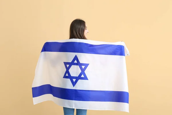 Junge Frau Mit Der Flagge Israels Auf Farbigem Hintergrund — Stockfoto