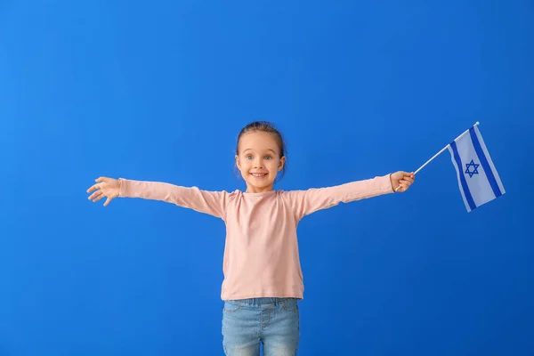 Liten Flicka Med Flagga Israel Färg Bakgrund — Stockfoto