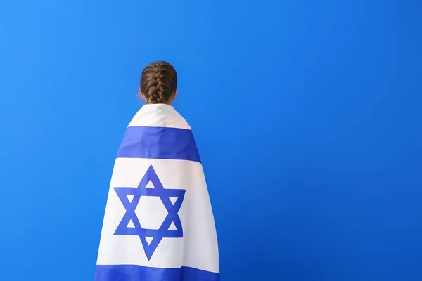 Liten Flicka Med Flagga Israel Färg Bakgrund — Stockfoto