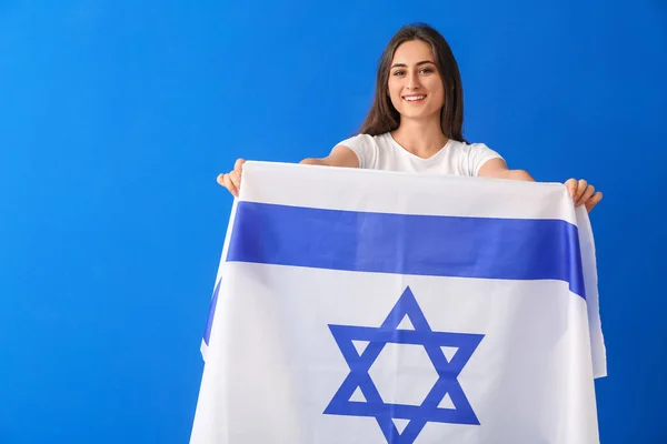 Junge Frau Mit Der Flagge Israels Auf Farbigem Hintergrund — Stockfoto