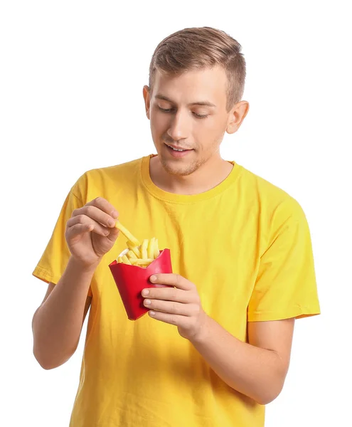 Jovem Com Batatas Fritas Fundo Branco — Fotografia de Stock