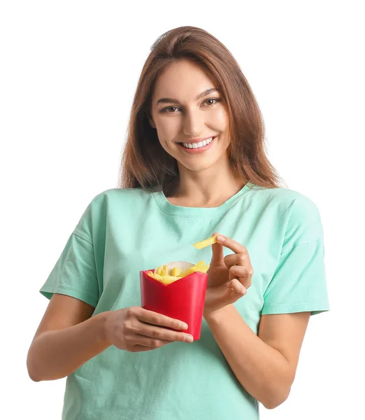 Young Woman French Fries White Background — Stock Photo, Image