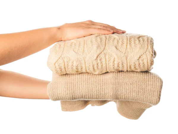 Vrouwelijke Handen Met Warme Kleding Witte Achtergrond — Stockfoto