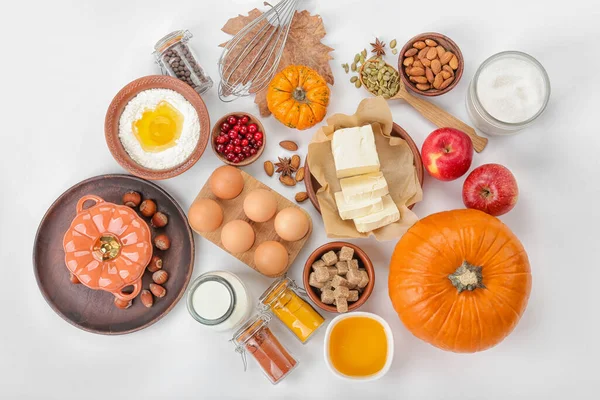 Ingredients Preparing Pumpkin Pie White Background — Stock Photo, Image
