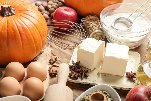 Ingredients Preparing Pumpkin Pie Wooden Background — Stock Photo, Image