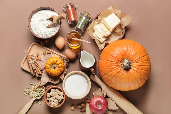 Ingredients Preparing Pumpkin Pie Color Background — Stock Photo, Image