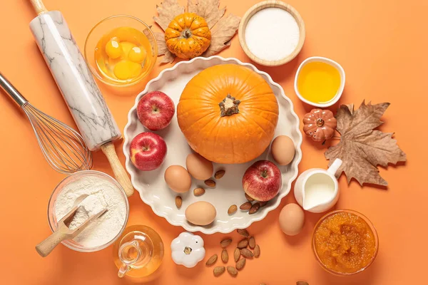 Ingredientes Para Preparar Torta Abóbora Fundo Cor — Fotografia de Stock