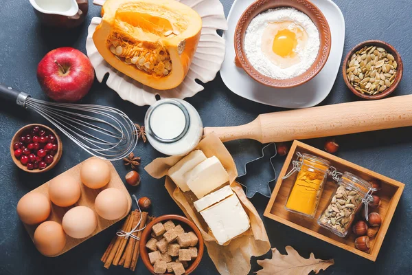 Ingredients Preparing Pumpkin Pie Dark Background — Stock Photo, Image