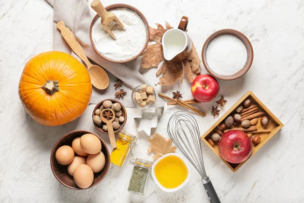 Ingredients Preparing Pumpkin Pie White Background — Stock Photo, Image