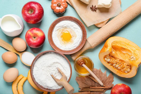 Ingredients Preparing Pumpkin Pie Color Background — Stock Photo, Image