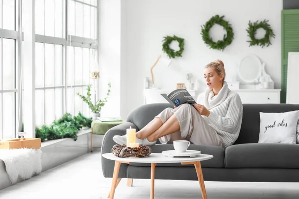 Beautiful Young Woman Warm Sweater Reading Magazine Home — Stock Photo, Image