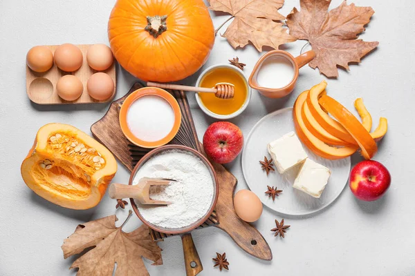 Ingredients Preparing Pumpkin Pie Light Background — Stock Photo, Image