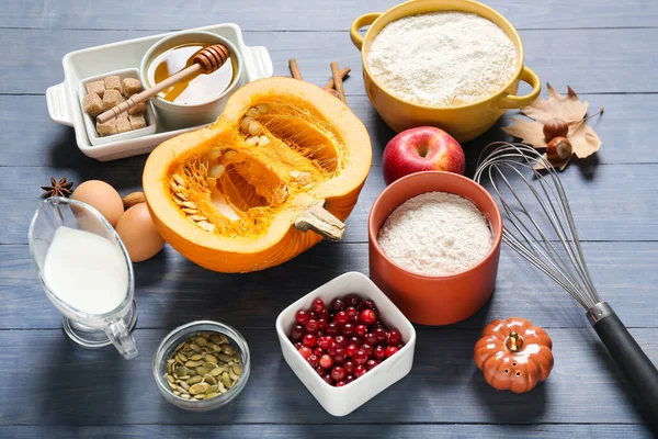 Ingredients Preparing Pumpkin Pie Color Wooden Background — Stock Photo, Image