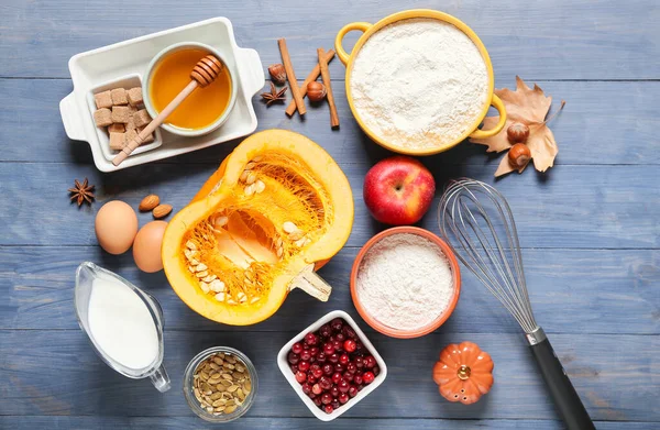 Ingredients Preparing Pumpkin Pie Color Wooden Background — Stock Photo, Image