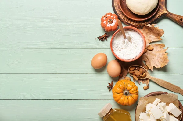 Ingredients Preparing Pumpkin Pie Color Wooden Background — Stock Photo, Image