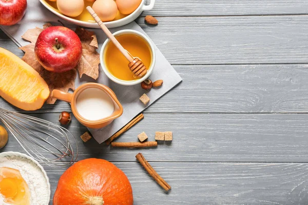 Ingredients Preparing Pumpkin Pie Wooden Background — Stock Photo, Image