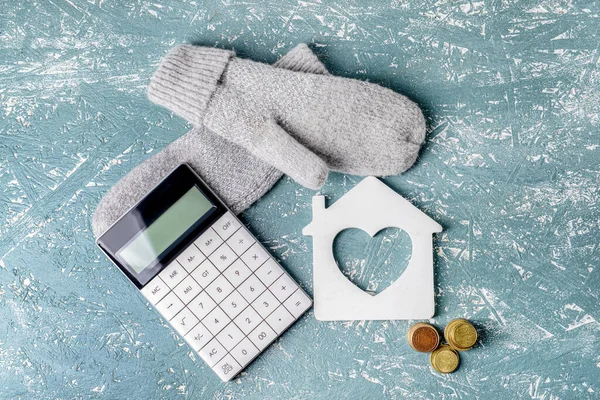 Figure House Calculator Money Warm Mittens Table Concept Heating Season — Stock Photo, Image