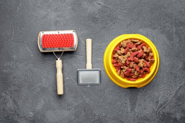 Evcil hayvan fırçaları ve koyu arka planda kuru hayvan mamasıyla dolu bir kase.