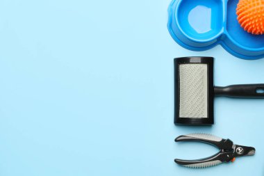 Renk arkaplanındaki hayvan bakım aksesuarları