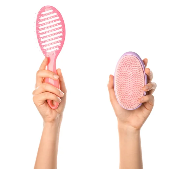 Woman Hands Hair Brushes White Background — Stock Photo, Image