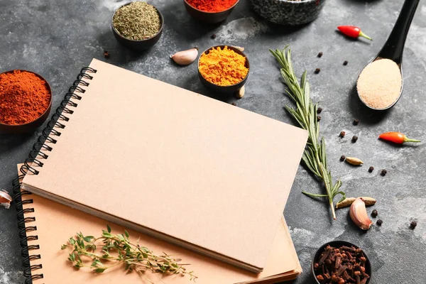 Notebooks Recipes Spices Grey Background — Stock Photo, Image