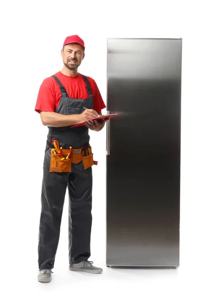 Worker Repair Service Fridge White Background — Stock Photo, Image