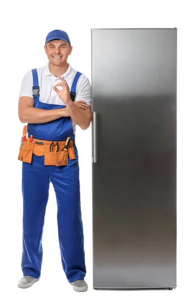 Worker Repair Service Showing Fridge White Background — Stock Photo, Image