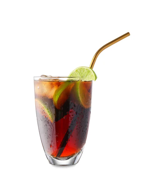 Verre Savoureux Cuba Libre Cocktail Sur Fond Blanc — Photo