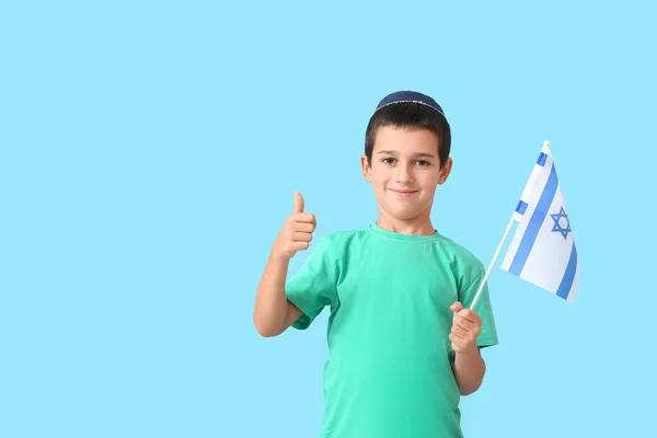 Niño Pequeño Con Bandera Israel Mostrando Pulgar Hacia Arriba Fondo — Foto de Stock