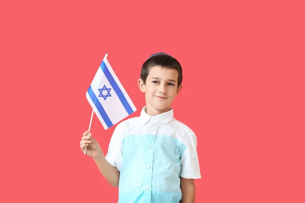 Kleine Jongen Met Vlag Van Israël Kleur Achtergrond — Stockfoto